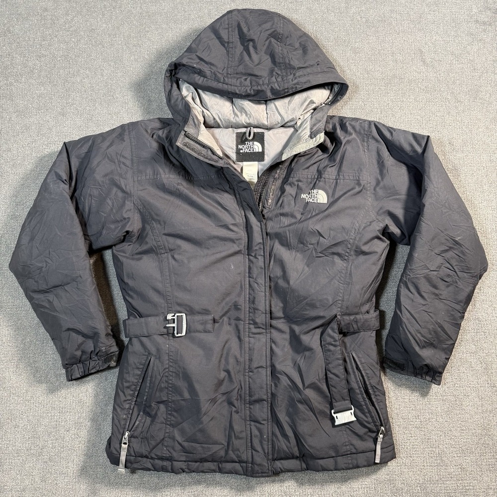 North Face HyVent Belted Puffer Jacket Women's Size XLarge Black DISTRESSED